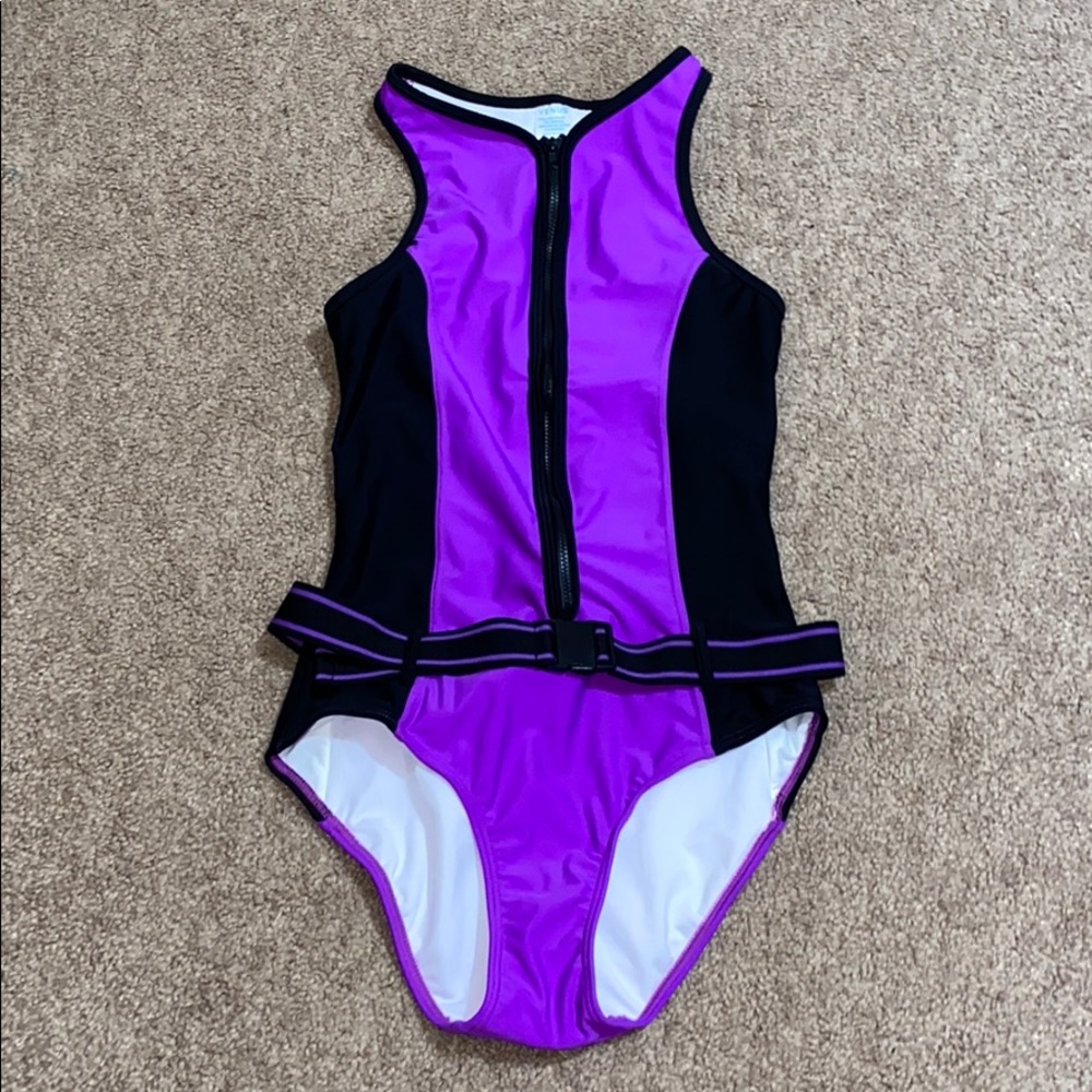 VENUS Purple and Black Zip-Front One-Piece Swimsuit